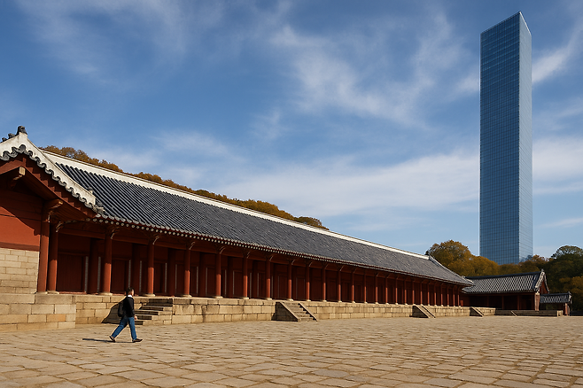 종묘 뒤에 140m 높이의 고층 빌딩이 들어선 모습. [챗GPT를 이용해 제작]