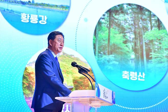 지난 2월 '장성 방문의 해' 선포식에서 축사를 하고 있는 김한종 장성군수. 장성군 제공