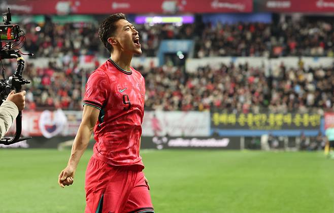 조규성이 14일 대전월드컵경기장에서 열린 남자축구 국가대표 A매치 평가전 대한민국과 볼리비아의 경기에서 골을 넣은 뒤 환호하고 있다. 대전 | 연합뉴스