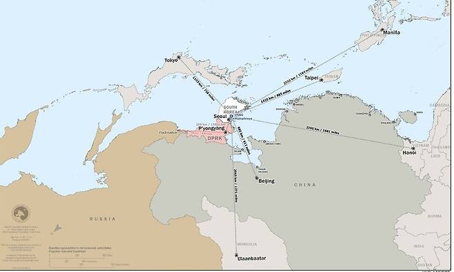 주한미군이 올해부터 내부 교육용으로 사용하는 위아래가 뒤집힌 동아시아 지도. 주한미군 제공