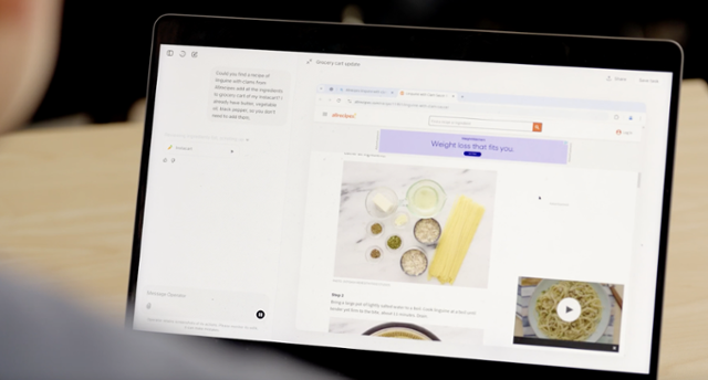오픈AI의 AI 에이전트 '오퍼레이터' 입력창에 "레시피를 공유하는 사이트에서 조개가 들어간 파스타 레시피를 찾아 재료들을 장바구니에 추가해줘"라는 명령을 넣자 웹 브라우저가 열리면서 순차적으로 작업이 진행되고 있다. 오픈AI 홈페이지 캡처