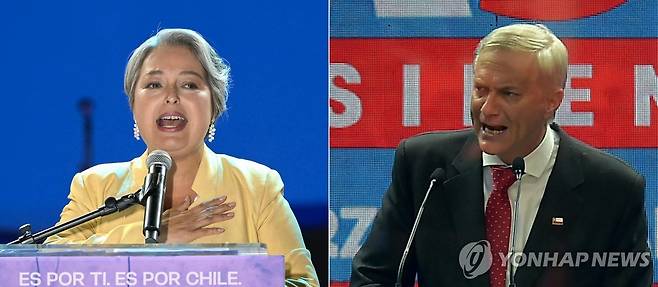 칠레 대선에 출마한 하라 후보(왼쪽)와 카스트 후보 [AFP 연합뉴스 자료사진. 재판매 및 DB 금지]