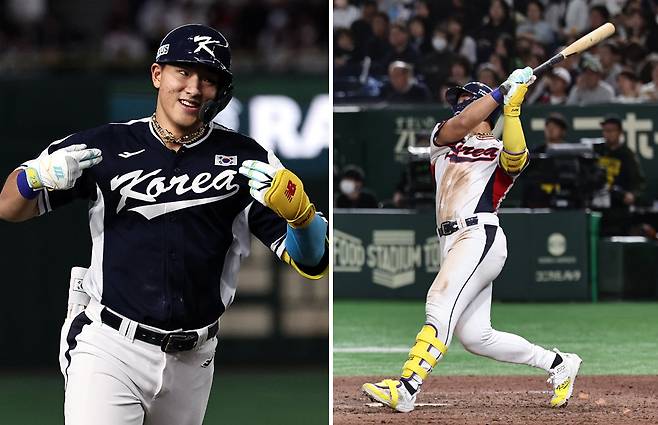 안현민(KT)은 15, 16일 일본 도쿄돔에서 열린 일본과의 두 차례 평가전에서 6타수 3안타(2홈런) 3볼넷으로 활약하며 내년 월드베이스볼클래식(WBC) 대표팀 한 자리를 예약했다. 안현민은 1차전 때 선제 2점 홈런을 날렸고(왼쪽 사진), 2차전에서는 8회말 추격의 불씨를 댕기는 솔로포를 쏘아 올렸다. 도쿄=뉴스1