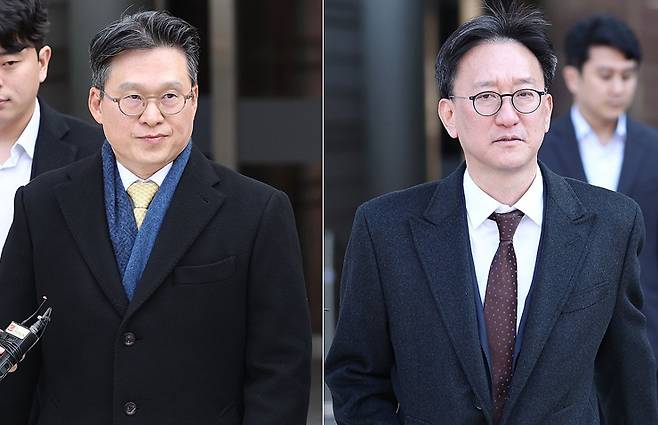 채상병 순직 사건 수사를 방해한 혐의를 받는 김선규(왼쪽)·송창진 전 고위공직자범죄수사처(공수처) 부장검사가 구속 전 피의자 심문(영장실질심사)을 마친 후 17일 서울 서초구 서울중앙지법을 나서고 있다. 2025.11.17 [사진=연합뉴스]