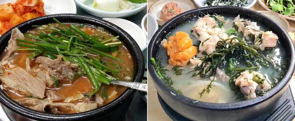 밥과 국을 주식으로 삼는 탕반문화가 발달한 우리나라는 뚝배기에 국과 밥을 함께 넣어 뜨끈하게 먹는 음식이 많다. 왼쪽부터 부산의 돼지국밥, 마산의 생선국인 탱수국.