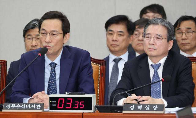 ▲18일 서울 여의도 국회에서 열린 운영위원회 전체회의에서 우상호 대통령실 정무수석이 질의에 답하고 있다. ⓒ연합뉴스