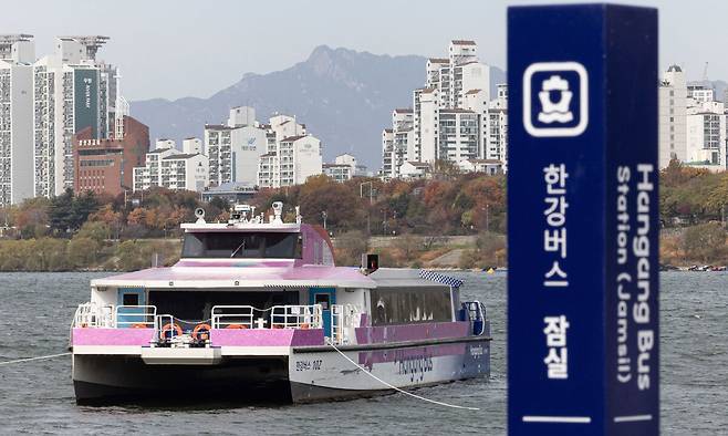 17일 서울 송파구 잠실선착장 인근에 한강버스가 멈춰 서 있다. 지난 15일 80여 명이 탑승한 서울 한강버스가 송파구 잠실선착장 인근 강바닥에 걸려 멈춰서는 사고가 발생했다. 뉴스1