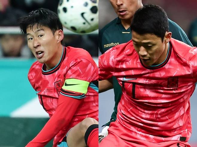 손흥민(왼쪽)과 황희찬이 18일 서울월드컵경기장에서 열린 가나와 홈 친선전에서 아쉬운 활약을 했다. 손흥민은 슛을 한 차례도 때리지 못했고, 황희찬은 페널티킥을 실축했다. 사진제공|대한축구협회