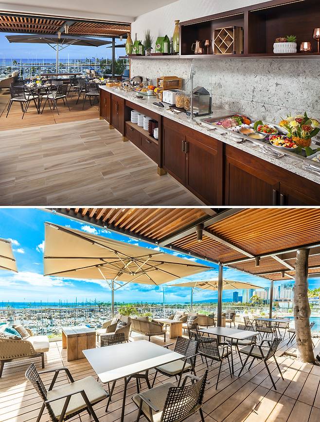 뷔페 메뉴와 넓은 휴식 공간을 제공하는 클럽 라운지. 사진제공|팜투어