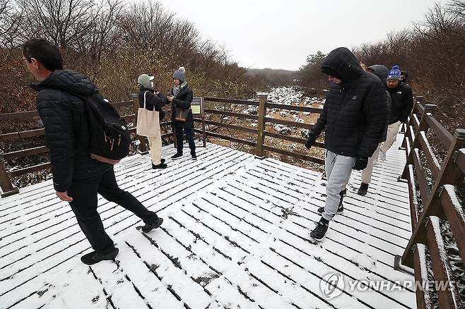 첫눈 내린 한라산 1100고지 (제주=연합뉴스) 박지호 기자 = 18일 오전 제주 한라산 국립공원 1100고지 습지에 첫눈이 내려 외국인 관광객들의 눈길을 사로잡고 있다. 2025.11.18 jihopark@yna.co.kr