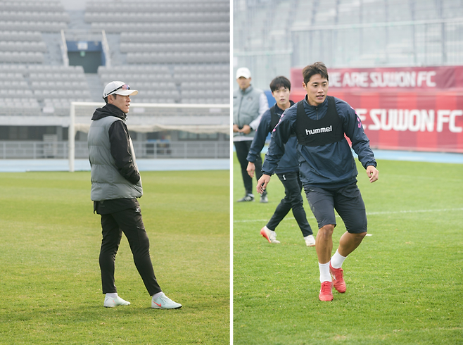 (왼쪽)19일 수원종합운동장서 수원FC 김은중 감독이 선수 훈련을 지켜보고 있다. (오른쪽) 같은 날&nbsp;수원FC 한희찬이 훈련에 임하고 있다. 사진=수원FC