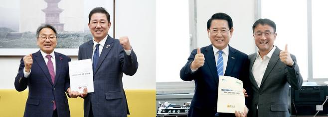 광주광역시와 전라남도가 내년도 지역 현안 해결을 위한 국비 확보 총력전에 나섰다.사진은 19일 국회를 방문해 김병기 더불어민주당 원내대표를 만난 강기정 광주시장(왼쪽)과 한병도 예결위원장을 만난 김영록 전남도지사의 모습./광주시·전남도 제공