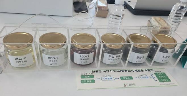 사진 왼쪽부터 세번째까지가 웨이브정읍 공장에서 생산한 재생유를 정제한 제품들이다. 강희종기자