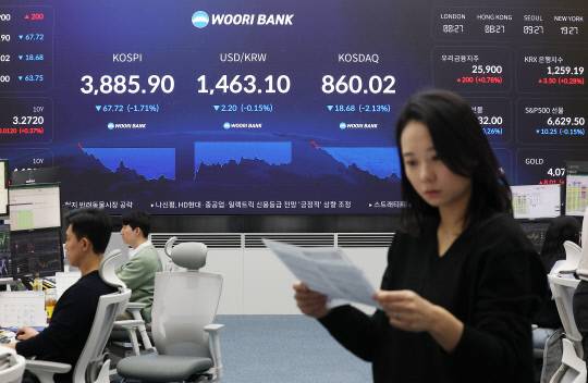 19일 서울 중구 우리은행 본점 딜링룸 현황판에 코스피 지수, 원달러 환율, 코스닥 지수가 표시돼 있다. 연합뉴스
