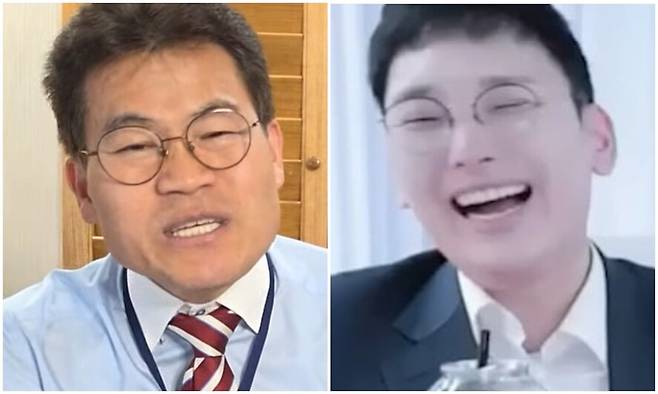 18일 자신의 유튜브 채널에서 라이브 방송을 진행한 전한길씨(왼쪽). 오른쪽은 지난 12일 한 유튜브 채널에 출연해 김예지 국민의힘 의원을 겨냥한 발언을 할 때의 박민영 국민의힘 미디어 대변인. 유튜브 갈무리