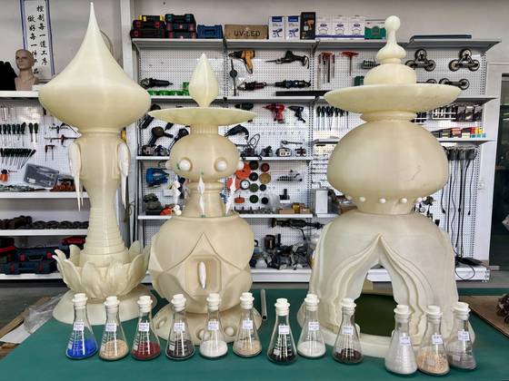 Oils and modules of Wallace Chan's upcoming exhibition "Vessels of Other Worlds" are at the artist's workshop in Zhuhai [LEE JIAN]