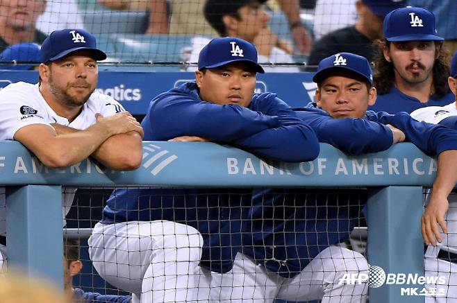 류현진(사진 맨 왼쪽에서 두 번째)과 마에다 겐타(맨 왼쪽에서 세 번째)가 LA 다저스에서 한솥밥을 먹던 시절. 사진=AFPBBNews=News1