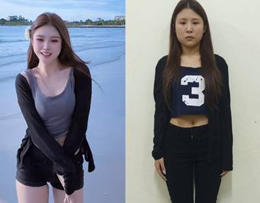 '오렌지 자매'로 활동하던 모습(좌) / 체포 후 '머그샷'(우) [인스타그램, 캄보디아차이나타임스]