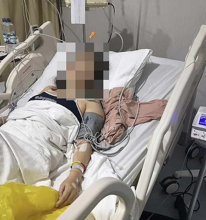 발리 호스텔에서 투숙 후 5일간 중환자실 치료를 받은 레일라 리의 모습. 데일리메일