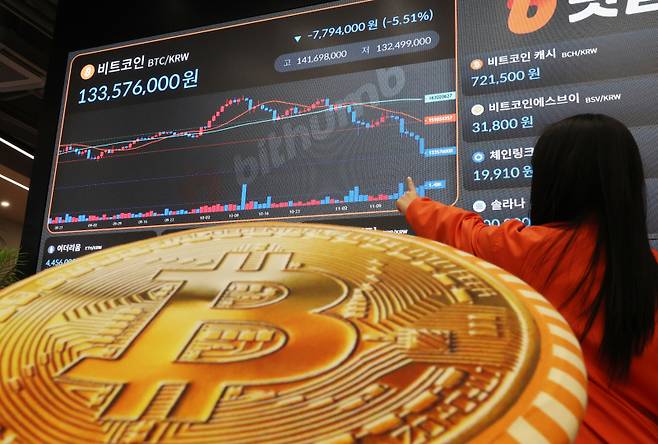 18일 서울 강남구 빗썸 라운지 전광판에 비트코인 시세가 표시돼 있다. 연합뉴스