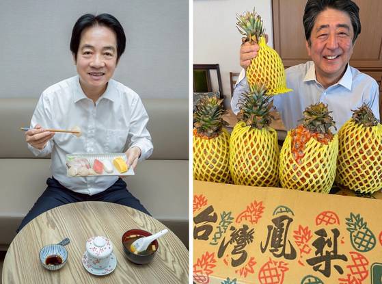 라이칭더 대만 총통의 '초밥 인증샷'과 아베 신조 전 총리의 '파인애플 인증샷' 〈사진=라이칭더 페이스북 및 아베 신조 전 총리 엑스〉