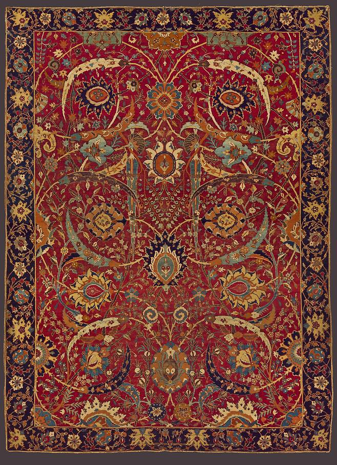 왕좌용 카펫(사파비 제국 17세기, 이란 케르만). [도하 이슬람예술박물관]