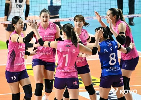 기뻐하는 흥국생명 선수들. /사진=KOVO 제공