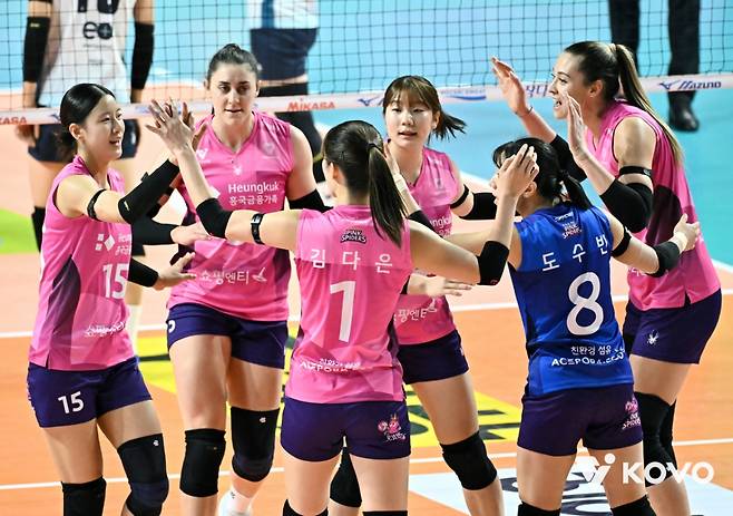 기뻐하는 흥국생명 선수들. /사진=KOVO 제공
