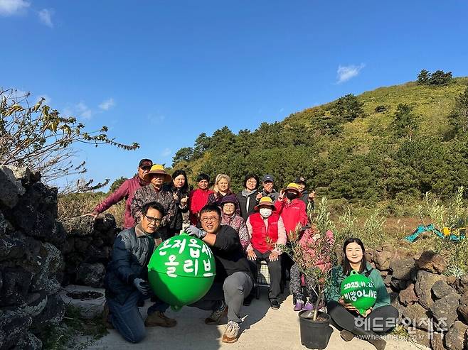 21일 제주 한림읍 비양도에서 진행된 기후 적응성 시험을 위한 올리브 나무 식재 행사.