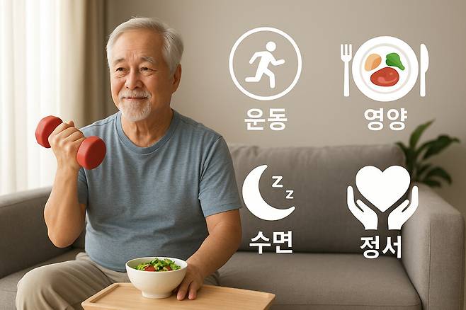 ‘시니어 건강 비결’은 특별한 비법이 아니다. ‘운동, 영양, 수면, 정서’라는 네 가지 기둥을 꾸준히 세워나가는 것이 핵심이다. 챗GPT 그림