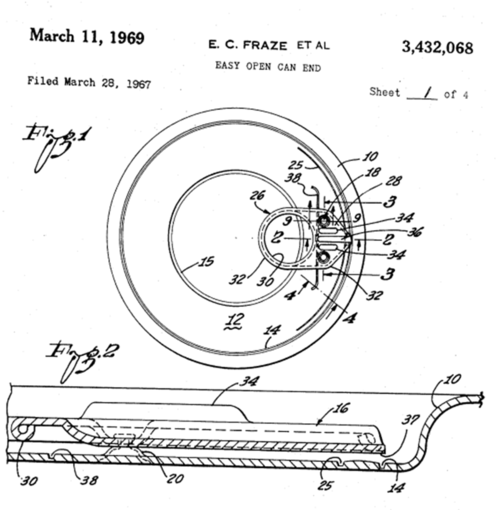 에멀 프레이즈는 캔고리 관련 개량 특허를 많이 출원했다. 현재 확인할 수 있는 가장 오래된 특허는 1967년 3월 28일 출원한 미국 특허 US3432068A ‘이지 오픈 캔 뚜껑 Easy open can end’. 에멀 프레이즈와 프랜시스 실버(Francis M Silver)가 1967년 3월 출원한 이 특허 문서에서는 (위 그림 26번) 링형 손잡이(ringshaped handle)이라고 명시하고 있다.