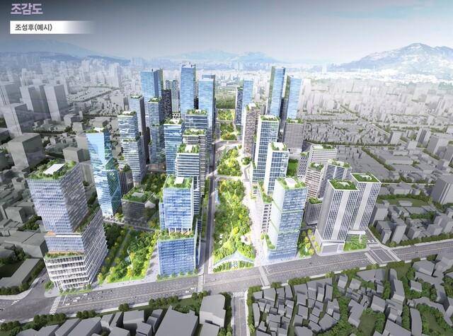 서울시가 종로구 세운상가부터 중구 진양상가까지의 노후 상가건물 7곳을 모두 철거한 뒤 조성할 계획인 녹지 공간의 조감도. 개발사업자가 녹지를 조성하는 대신 건물용적률과 높이 제한을 완화해 주겠다는 게 서울시의 구상이다. 서울시 제공