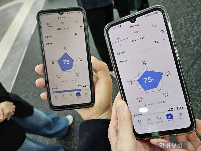 체험자들이 윔 S 제품을 체험해보고 난 뒤 '위 로보틱스 윔' 앱으로 운동 기록을 확인하고 있다. 사진=박수빈 기자