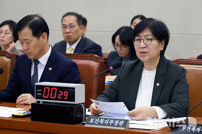 [서울=뉴시스] 고승민 기자 = 정은경 보건복지부 장관이 20일 서울 여의도 국회에서 열린 보건복지위원회 전체회의에서 의원 질의에 답하고 있다. 2025.11.20. kkssmm99@newsis.com