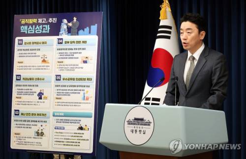 ◇강훈식 대통령비서실장이 12일 서울 용산 대통령실 기자회견장에서 공직 활력 제고 추진 성과 및 공직 역량 강화 향후 계획 브리핑을 하고 있다. 2025.11.12 사진=연합뉴스