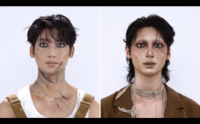 <저스트 메이크업>의 쌍둥이 모델(보이프렌드 광민, 영민)이 각자 다른 참가자에게 메이크업을 받은 모습. 쿠팡플레이 제공