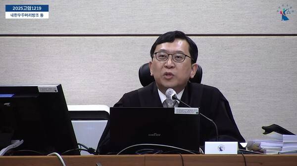 ▲이진관 재판장이 19일 한덕수 전 총리 재판에 방청하러 온 이하상 변호사가 돌연 발언을 요청해 거부하다가 감치명령을 내리고 있다. 사진=서울중앙지법 영상 갈무리