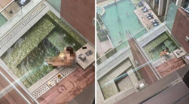 홍콩의 한 호텔에서 커플로 추정되는 남녀가 신체 접촉을 하고 있다./ 사진=더선