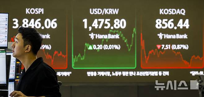 [서울=뉴시스] 정병혁 기자 = 24일 서울 중구 하나은행 딜링룸에서 직원들이 업무를 보고 있다. 이날 코스피는 전 거래일(3853.26)보다 7.20포인트(0.19%) 내린 3846.06에, 코스닥 지수는 전 거래일(863.95)보다 7.51포인트(0.87%) 하락한 856.44에 거래를 마쳤다.서울 외환시장에서 원·달러 환율은 전 거래일 주간거래 종가(1475.6원)보다 1.5원 오른 1477.1원에 주간 거래를 마무리했다. 2025.11.24. jhope@newsis.com
