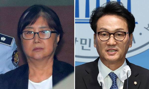 최서원씨(왼쪽)와 더불어민주당 안민석 전 의원. 뉴시스