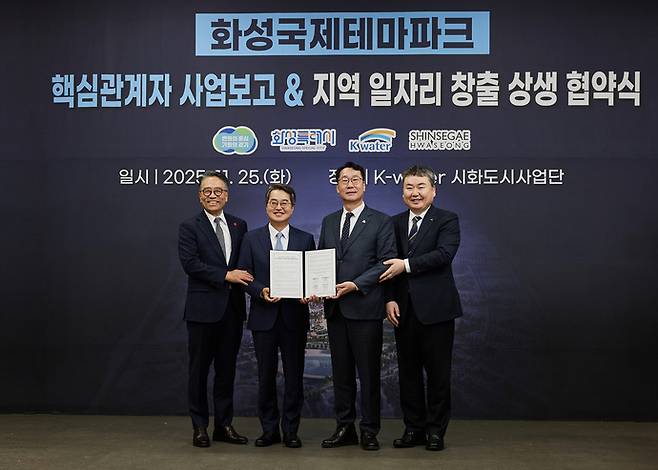 신세계화성이 25일 경기도, 화성특례시, 한국수자원공사와 '화성 국제테마파크 지역 일자리 창출 및 상생협력 업무협약'을 맺었다. 사진은 (왼쪽부터) 임영록 신세계그룹 사장, 김동연 경기도지사, 정명근 화성특례시장, 안정호 한국수자원공사 그린인프라부문장이 협약식을 마치고 기념촬영을 하고 있는 모습. 사진=신세계화성