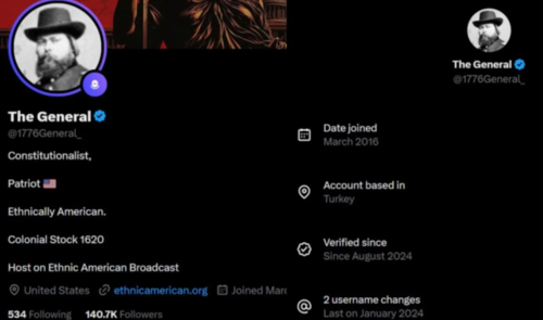 “헌법주의자이자 애국자이며 미국인”이라고 자신을 소개한 1776General_ 계정. 소유주의 국적이 튀르키예라고 명시돼있다. [엑스 캡처]