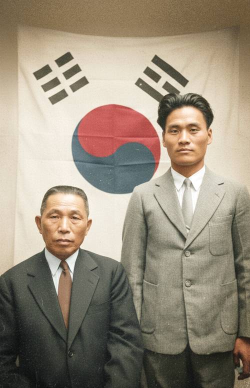 윤봉길·김구 기념사진. 의거 직전 촬영된 사진으로, 결의에 찬 듯 이미 마음을 굳힌 표정의 윤봉길과 굳은 표정의 김구가 대비된다. /AI 복원 사진