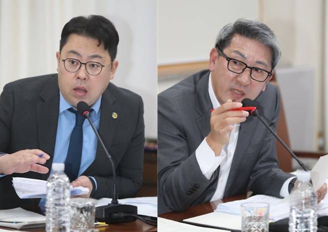 제주도의회 환경도시위원회 소속 한동수 의원(더불민주당·이도2동을)과 김황국 의원(국민의힘·용담1·2동)이 25일 444회 정례회에서 우도 교통사고에 대해 질의하고 있다.