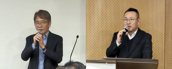 윤태영·이상현 오스코텍 각자 대표가 26일 서울 여의도 금융투자교육원에서 열린 오스코텍 주주 소통 간담회에서 발언하고 있다./염현아 기자