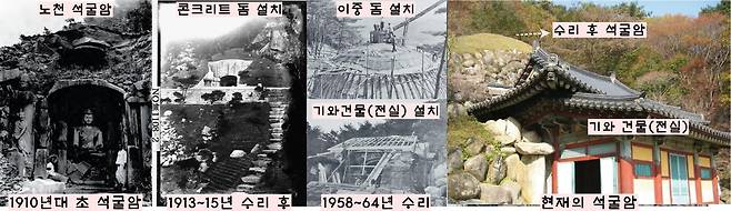 석굴암은 야외에 노출된 석불이었지만 일제강점기(1913~15) 와 1958~64년 수리를 거치면서 콘크리트 이중돔과 기와건물 속에 안치되었다