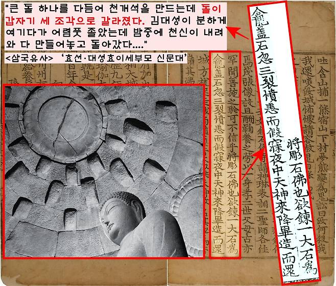 석굴암 본존불 머리 위의 천장에 연꽃 문양의 천개석이 세 부분으로 균열되어 있다. <삼국유사>에 따르면 석굴암 창건자 김대성은 본존불 위 천정의 천개석(덮개돌)이 세조각 났는데도 공사를 강행한 것으로 보인다.