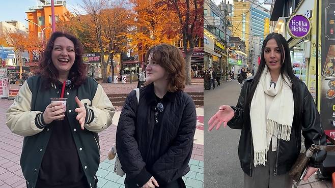 From right: Ofek Polity, Georgia Hanley and Aislinn Smart, who shared their experiences of meeting a real-life “Hongdae guy” during an interview with The Korea Herald on Hongdae street on Thursday. (Tammy Park/The Korea Herald)