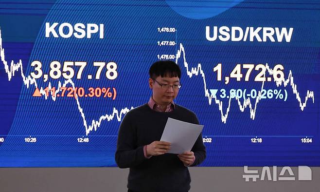 [서울=뉴시스] 김명년 기자 = 25일 오후 서울 여의도 KB국민은행 스마트딜링룸에서 딜러들이 업무를 보고 있다. 코스피는 전 거래일(3846.06)보다 11.72포인트(0.30%) 상승한 3857.78에 마감했다. 코스닥 지수는 전 거래일(856.44)보다 0.41포인트(0.05%) 떨어진 856.03에 거래를 마쳤다. 원·달러 환율은 전 거래일 주간거래 종가(1477.1원)보다 4.7원 내린 1472.4원에 주간 거래를 마감했다. 2025.11.25. kmn@newsis.com