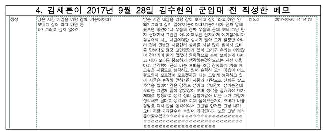 배우 고(故)김새론이 지난 2017년 9월 작성한 메모. ⓒA씨 측 제공&nbsp;